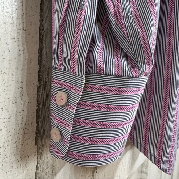 Robert Graham Button Down Floral Flip Cuff Shirt Grey Pink Stripes Size L - Picture 9 of 10